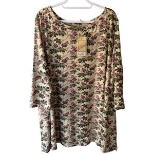 Blue Sky Casual Tan and Brown Floral Bateau Neck Top Women’s 4X Plus Feminine